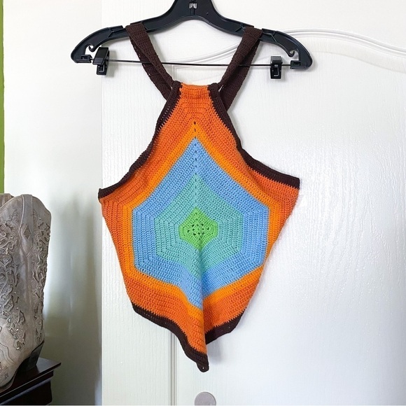 House Of Sunny Top Old Town Handkerchief Knit Halter Open-Back Retro Multi 8 GUC - Picture 2 of 11